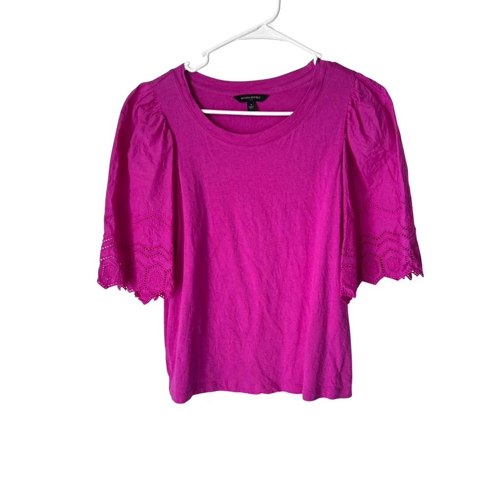 Banana Republic Magenta Pink Eyelet Puff Sleeve Cotton Modal Knit Top Small
